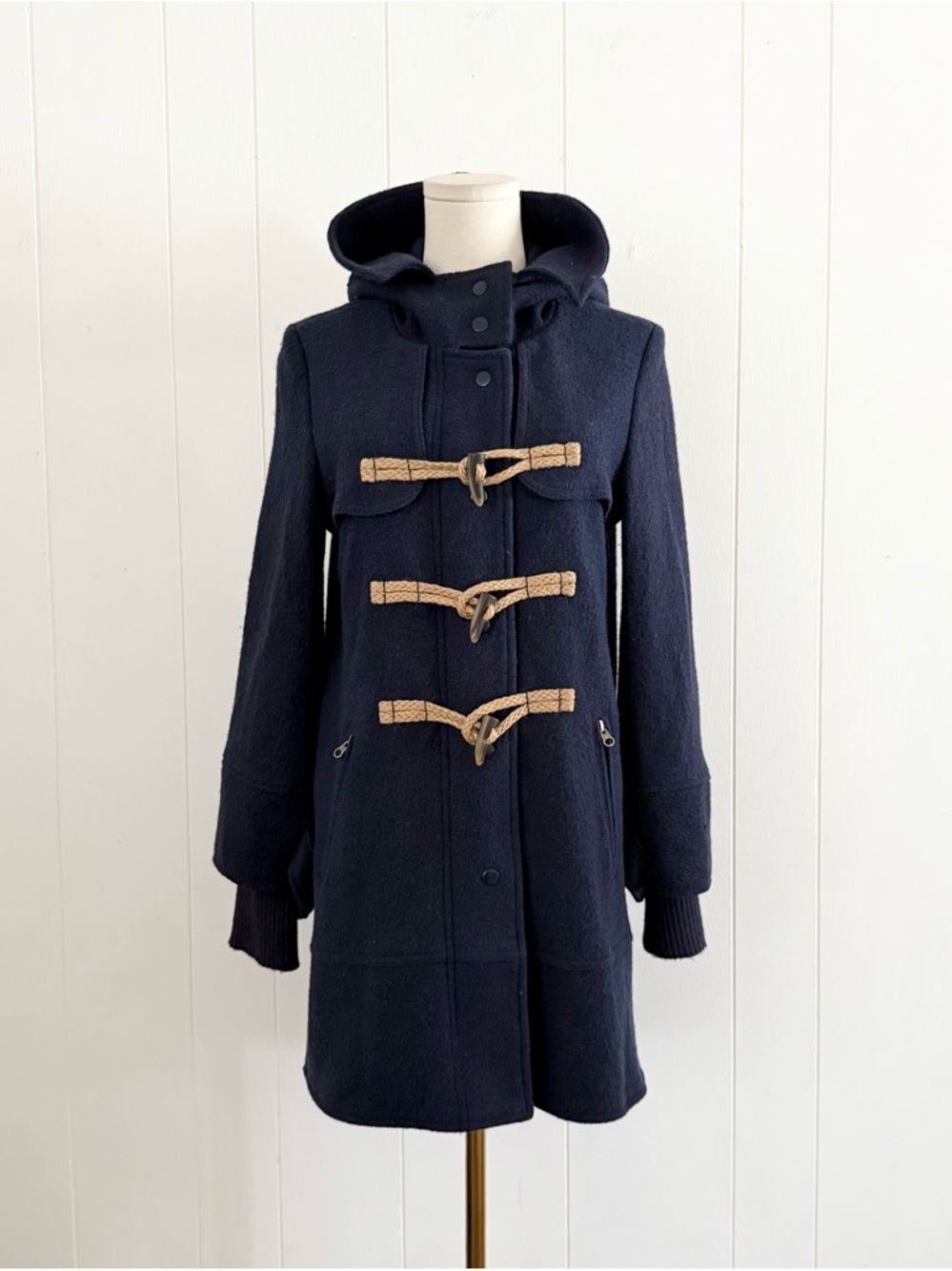 Free People Boiled Wool Rope Toggle Hooded Coat XS Dark Blue Vintage Military - Picture 3 of 8